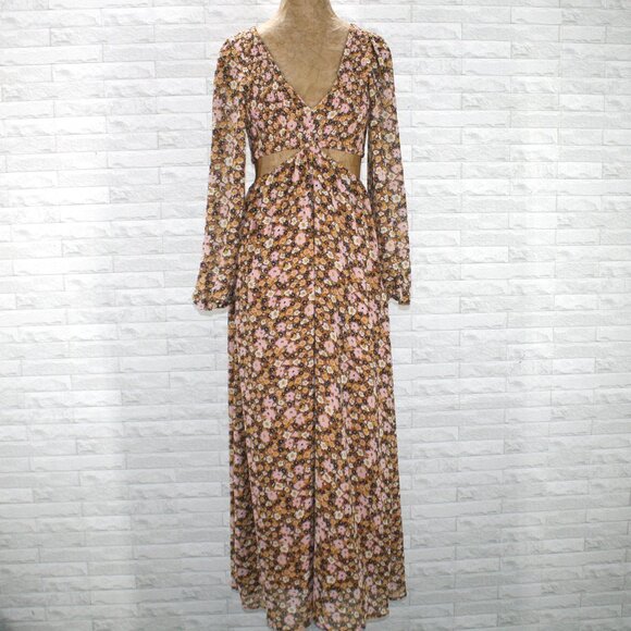 LUSH Dress Floral Fall Cut Out Bare Midriff Shirred Elastic Long Sleeve Boho SM - Picture 1 of 14